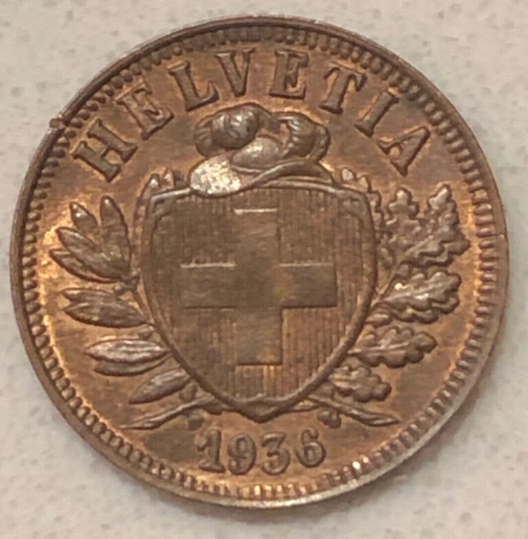 Read more about the article 1936 Switzerland Bronze 2 Rappen Coin Extra Fine Circulated Helvetia Cross