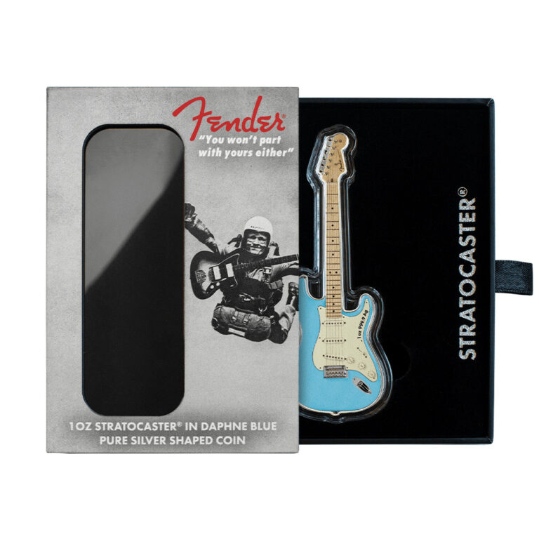 Read more about the article 2023 Solomon Island Fender Daphne Blue Stratocaster Guitar 1oz Silver Coin