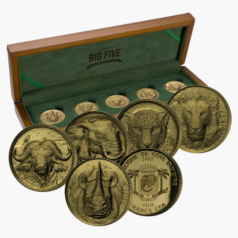 Read more about the article The Big Five Africa 5 x 1g Gold Coin Set 2022 Rhino Buffalo Elephant Tiger Lion