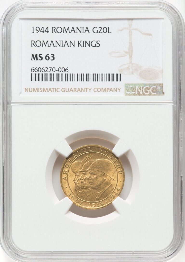Read more about the article ROMANIA   GOLD 20 LEI 1944 – NGC MS 63     RARE3