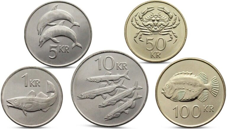 Read more about the article ICELAND 5 COINS SET 1  5  10  50  100 KRONUR MARINE FAUNA DOLPHIN FISH UNC