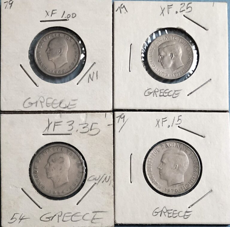 Read more about the article Greece Coins – Lot of 4 Coins – 1962 and 1971 1 drachmai  1954 and 1970 2 drachmai