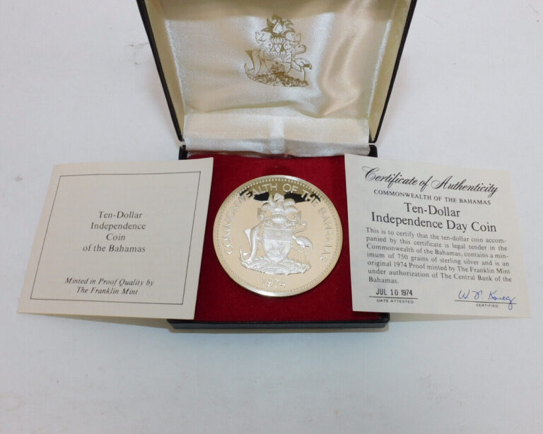Read more about the article 1974 1st Anniv. Independence $10 Bahamas Sterling Silver Proof Coin w/ COA and Box