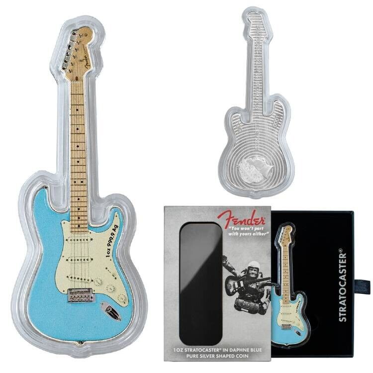 Read more about the article FENDER STRATOCASTER DAPHNE BLUE 2023 1 oz  Silver Guitar Coin Solomon Islands