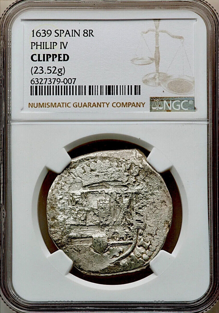 Read more about the article 1639 Spain Philip IV Cob 8 Reales Madrid Mint NGC Clipped 23.52g. Silver