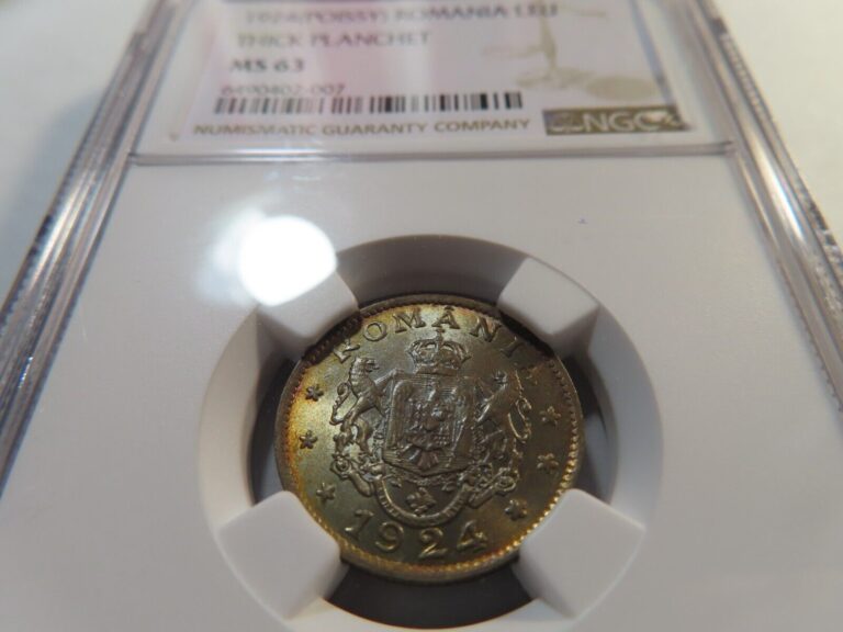 Read more about the article N8 Romania 1924(POISSY) Leu Thick Planchet NGC MS-63 Rainbow Toning