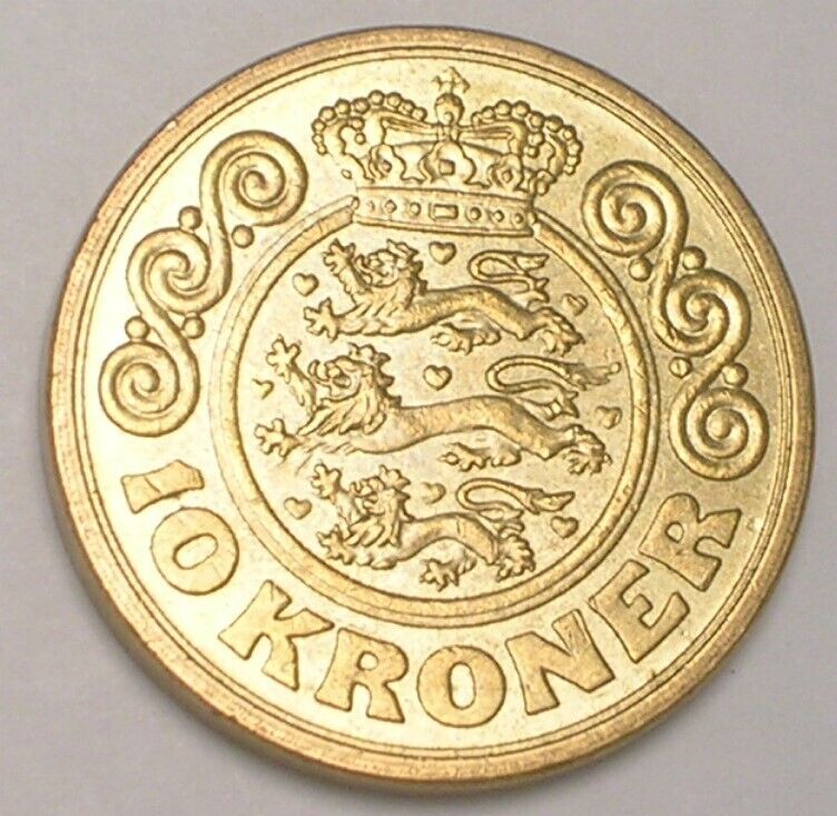 Read more about the article 1989 Denmark Danish 10 Kroner Margrethe II Three Lions Coin XF