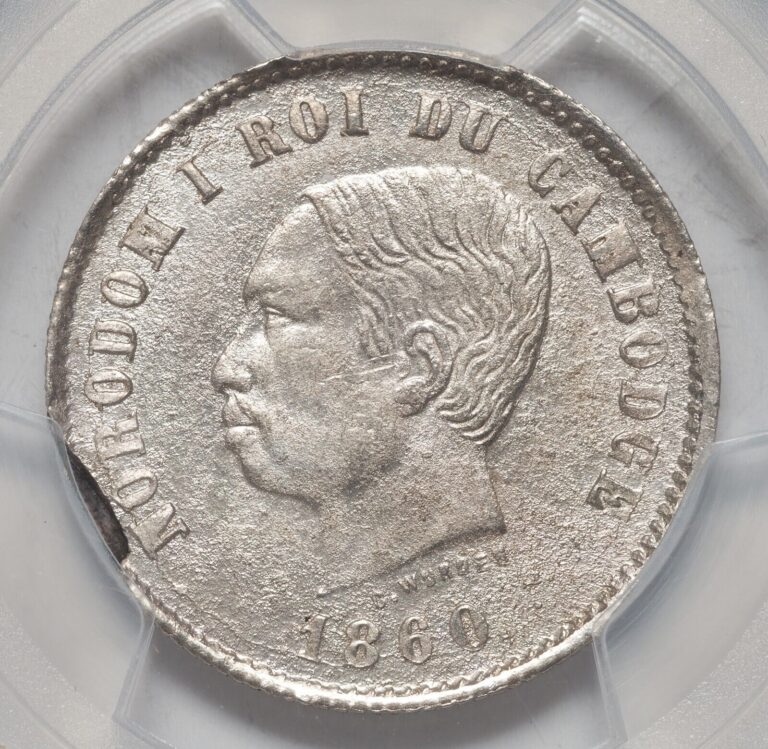 Read more about the article 1860  Kingdom of Cambodia  Norodom I. Scarce Silver 2 Francs Coin. PCGS UNC+