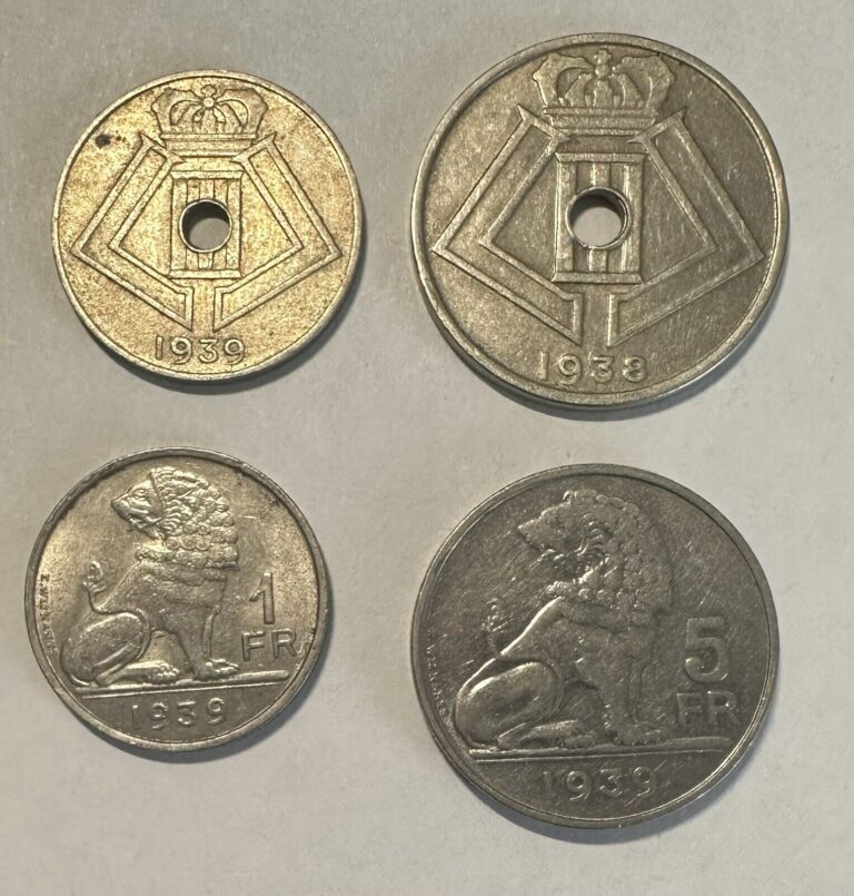Read more about the article Belgium 1938-1939 Set of 4 Coins 10  25 Centimes  1  5 Franc Lot#Z18