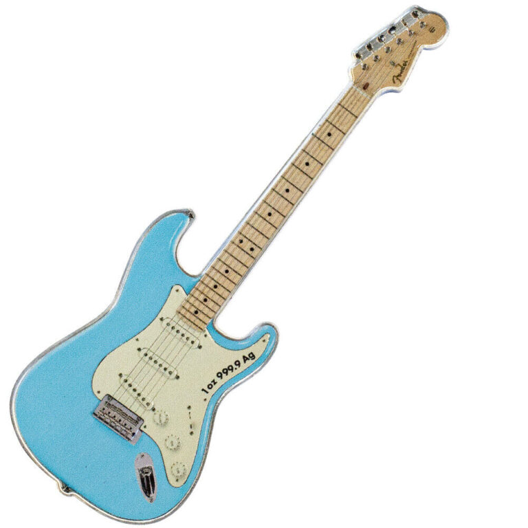 Read more about the article 2023 1 oz Solomon Islands Silver Fender Guitar Daphne Blue Stratocaster Shaped