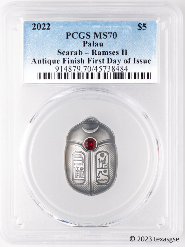 Read more about the article 2022 Palau 1oz Antique Silver UHR Finish Scarab Shaped Ramses II FDI – PCGS MS70