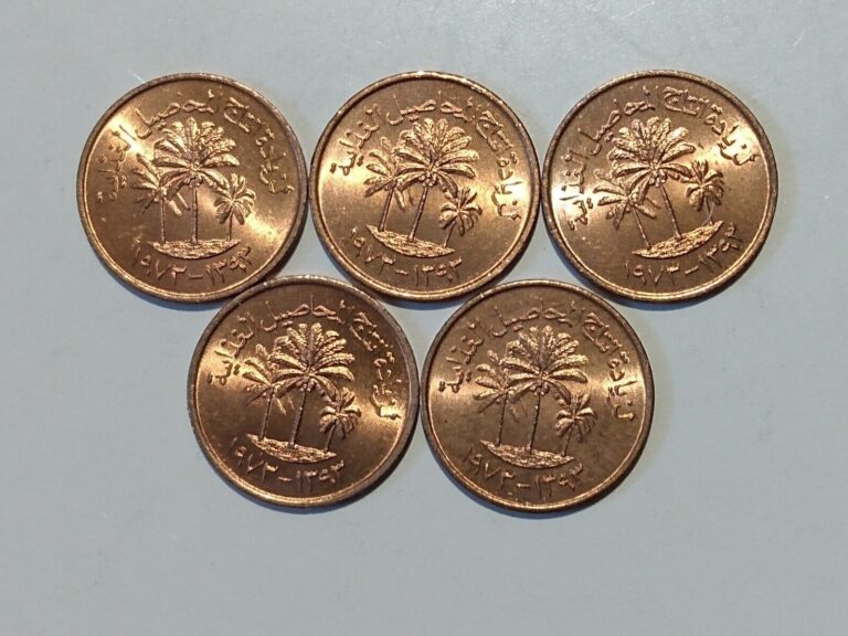 Read more about the article 1973 UNITED ARAB EMIRATES UAE 1 FILS BRONZE (5 COINS) UNC BU