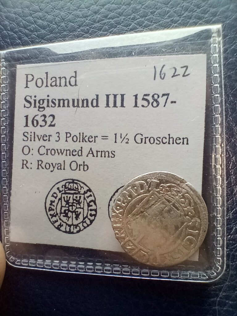 Read more about the article 1622 Poland 3 Polker Silver Coin – Sigismund III – 1 1/2 Groschen – World Silver