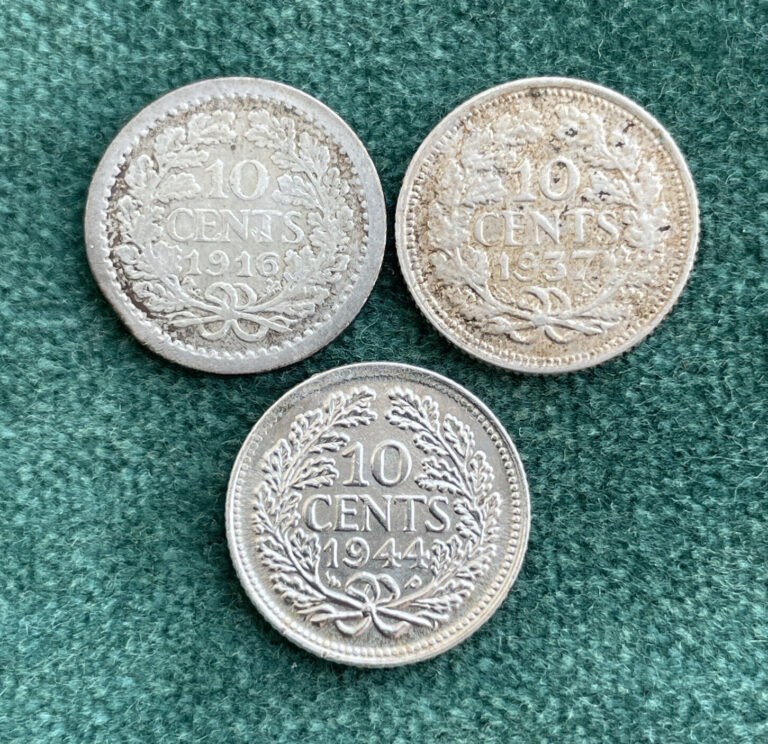 Read more about the article Lot Of 3 Netherlands 10 Cent .64 Silver Coins 1916  1937  1944P !