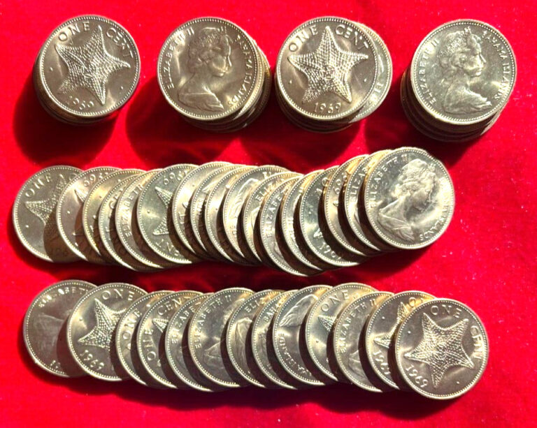 Read more about the article J93 Bahamas; 50 Coins from Mint Bag – Cent 1969  Star Fish  KM#2  Red BU