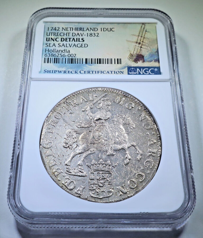 Read more about the article NGC UNC 1742 Hollandia Shipwreck 1 Ducaton Silver Rider BU Pirate Treasure Coin