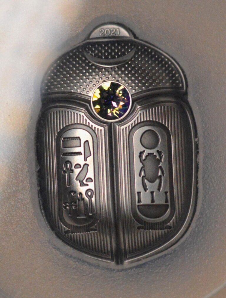 Read more about the article Palau 1oz SILVER UHR Scarab King Tut Swarovski Crystal PCGS MS70 !