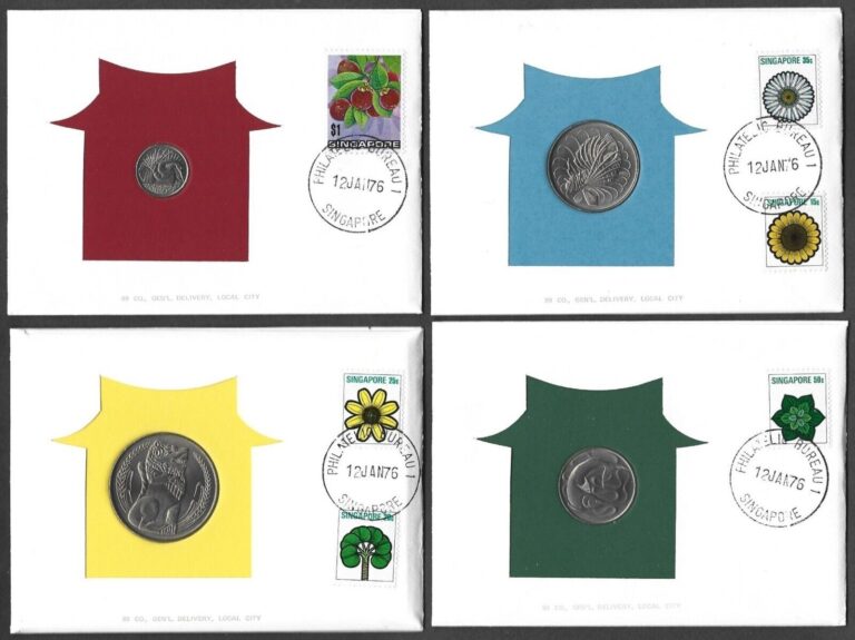 Read more about the article SINGAPORE STAMPS and COINS 1976 6 SETS + INSERTS  PHILATELIC BUREAU  99 COMPANY