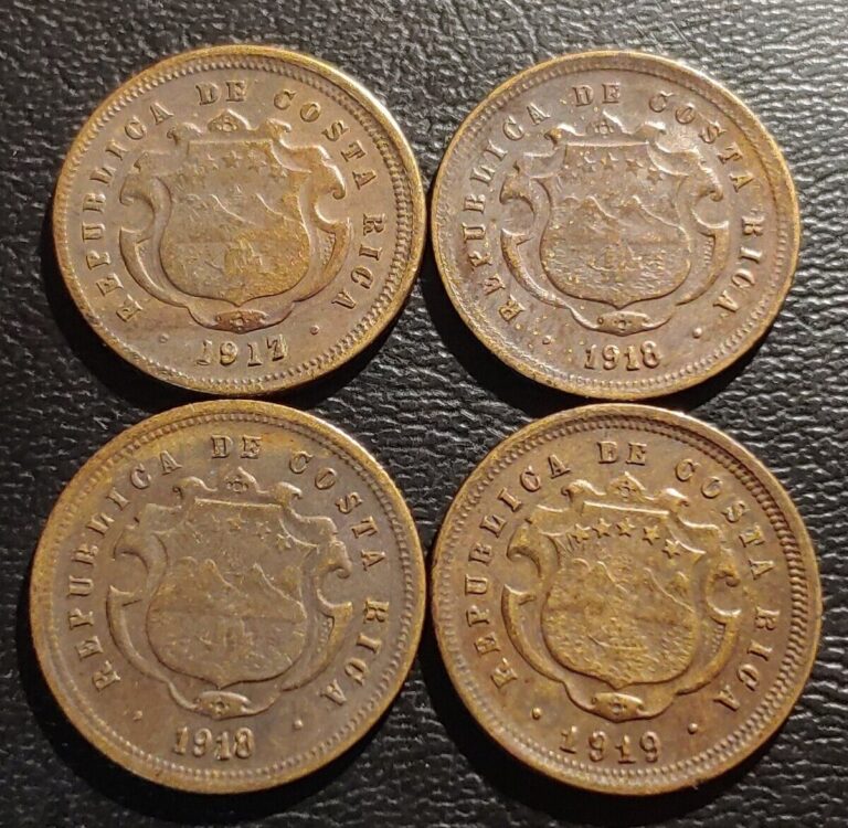 Read more about the article Costa Rica  4 Piece Lot Of Older  10 Centavos Brass Coins  1917-1919.
