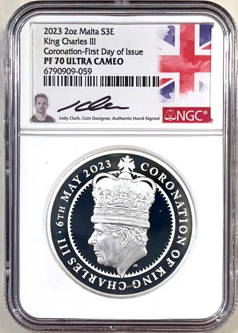 Read more about the article 2023 Malta €3 KING CHARLES III CORONATION 2 Oz Silver  NGC PF70 FDOI – CLARK🇬🇧