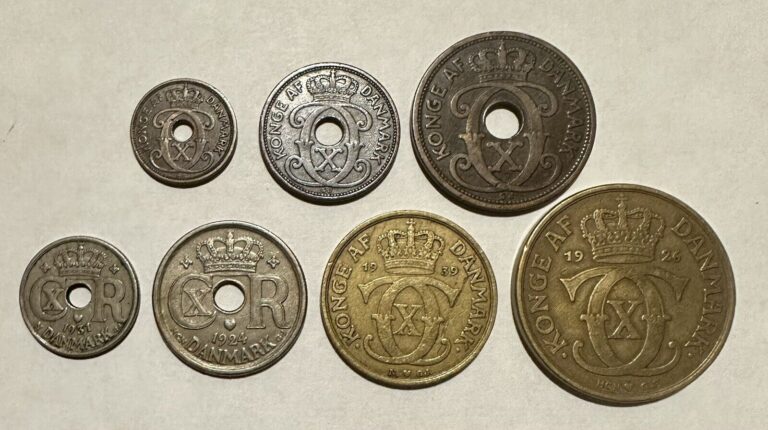 Read more about the article Denmark 1924-1941 Set of 7 Coins 1  2  5  10  25 Ore 1  2 Kroner Lot#D3
