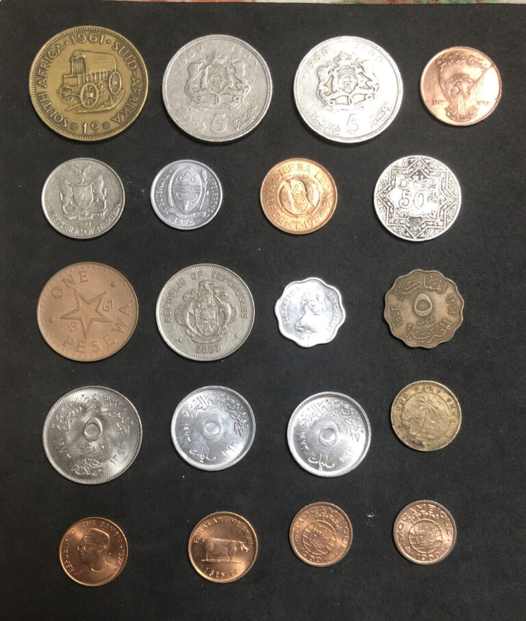 Read more about the article 1937-2007 Lot Of 20 Africa Coins-Egypt Sierra Leone Morocco Ghana Namibia Gambia