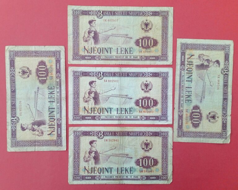 Read more about the article ALBANIA (Shqipni) 100 LEKE 1976 (5 pcs) Era SOCIALIST BANKNOTES SUPER VERY FINE