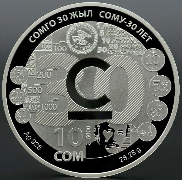 Read more about the article KYRGYZSTAN: hologram 2023 silver 10 Som proof 30 Yrs of National Currency