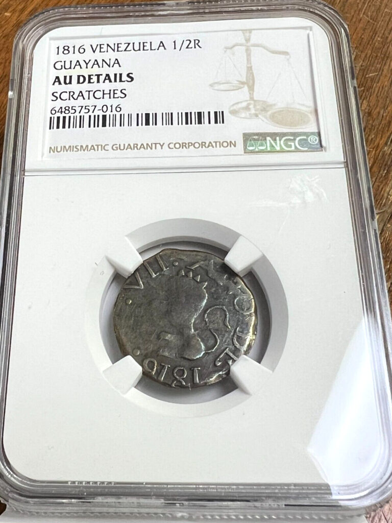 Read more about the article 1816 VENEZUELA GUAYANA 1/2  REAL C# 41.2   NGC AU DETAILS.  SCARCE!