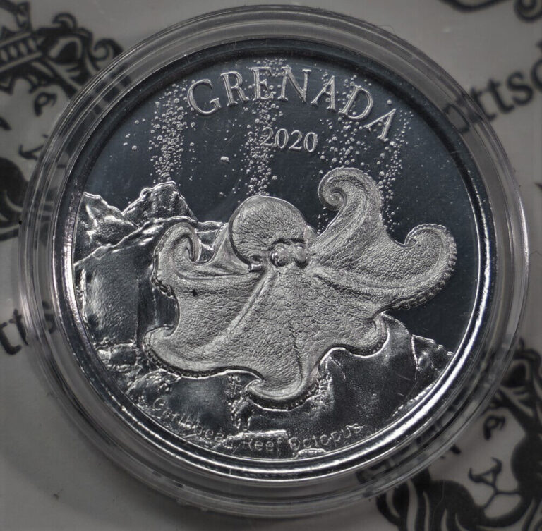 Read more about the article 2020 Grenada Caribbean Reef Octopus Queen Elizabeth II 999 Silver coin C528