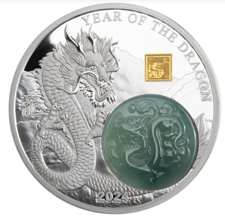 Read more about the article 2024 Burundi Lunar Year of the Dragon 2oz Silver Proof w/Jadestone Coin
