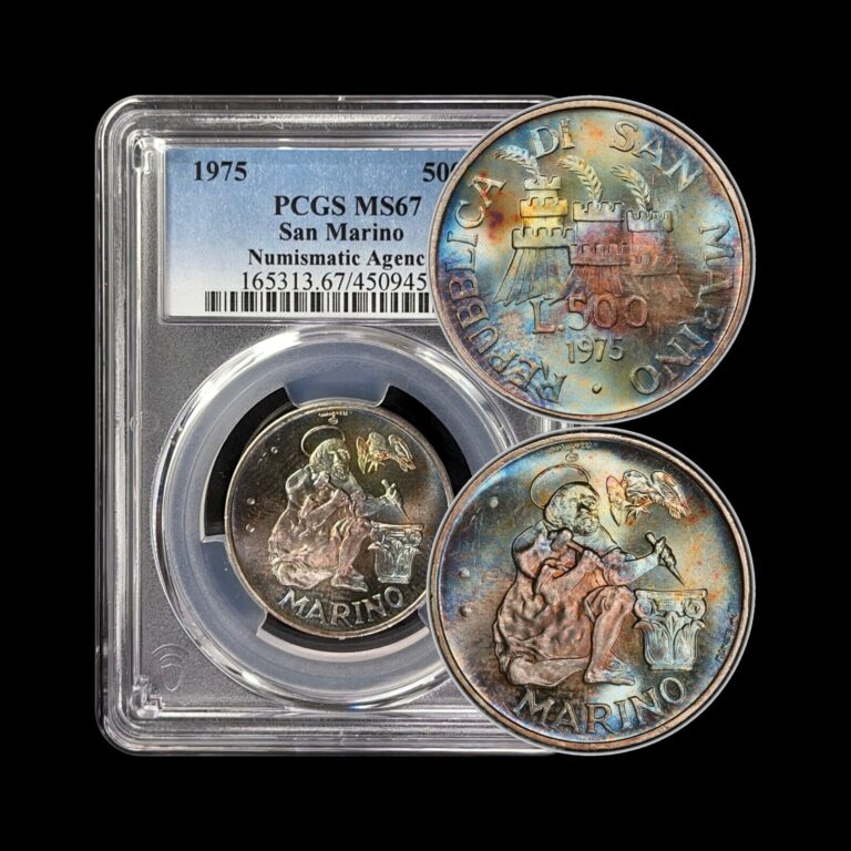 Read more about the article SAN MARINO. 1975  500 Lire  Silver – PCGS MS67 – Stonecutter  🌈 Toned 52