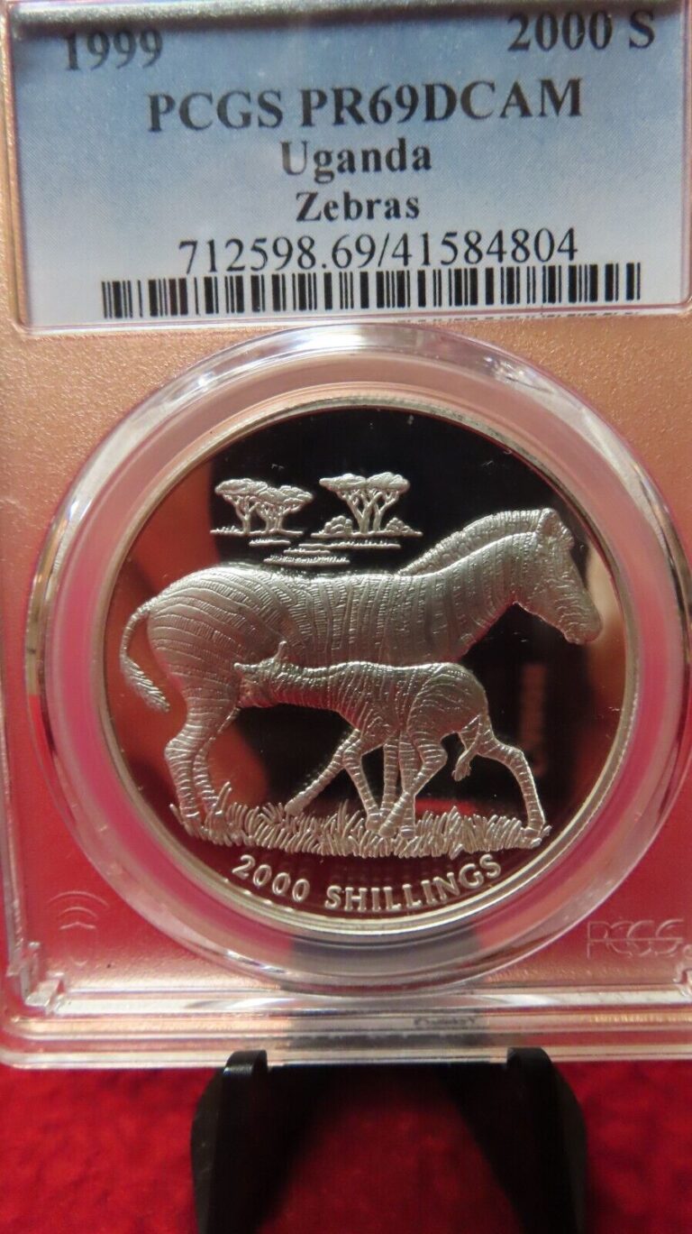 Read more about the article 1999 Uganda Large Silver Proof 2000 shillings Zebra 1 oz .925 Silver PCGS PR69