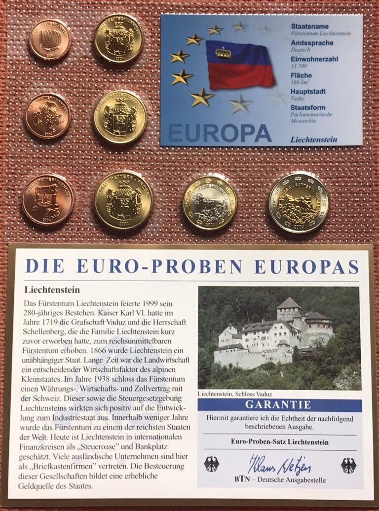 Read more about the article Liechtenstein 2004  1 Cent – €2 Euro Pattern Essai Probe Coin Set ~ Sealed Pack