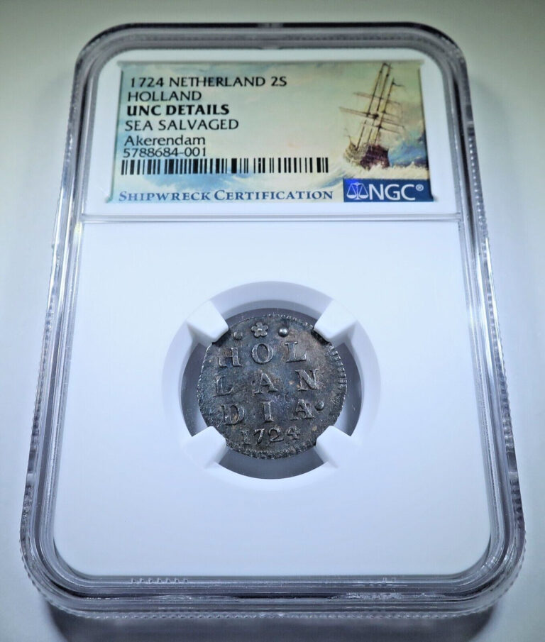 Read more about the article NGC UNC 1724 Akerendam Shipwreck 2 Stuivers Silver Dutch Pirate Treasure BU Coin