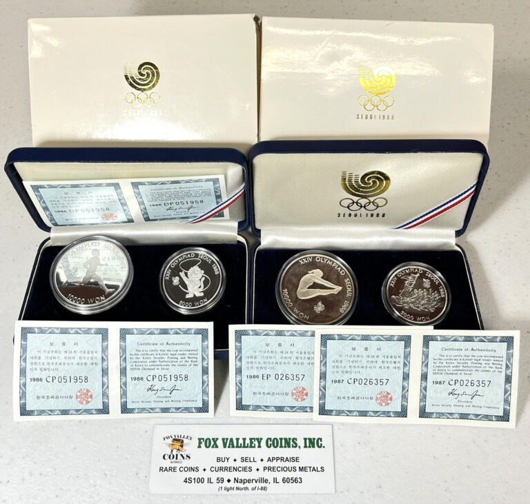 Read more about the article South Korea – 1988 SEOUL OLYMPIC GAMES – LOT OF 4 PROOF SILVER COINS! OGP and COA!