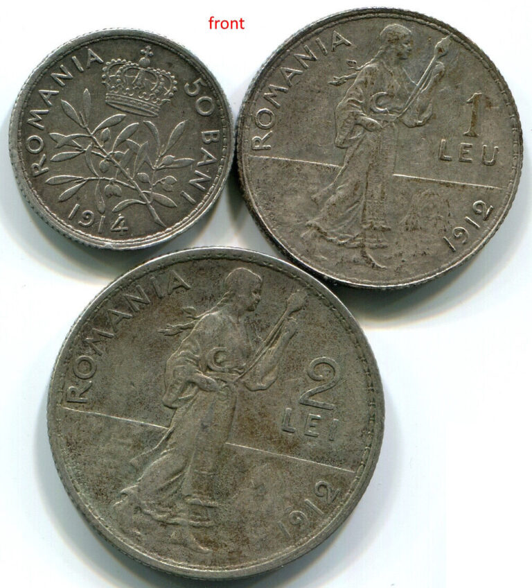 Read more about the article Romania C162 1914 50 Bani KM#41 + 1912 1 Leu KM#42  2 Lei KM#43  3 silver coins