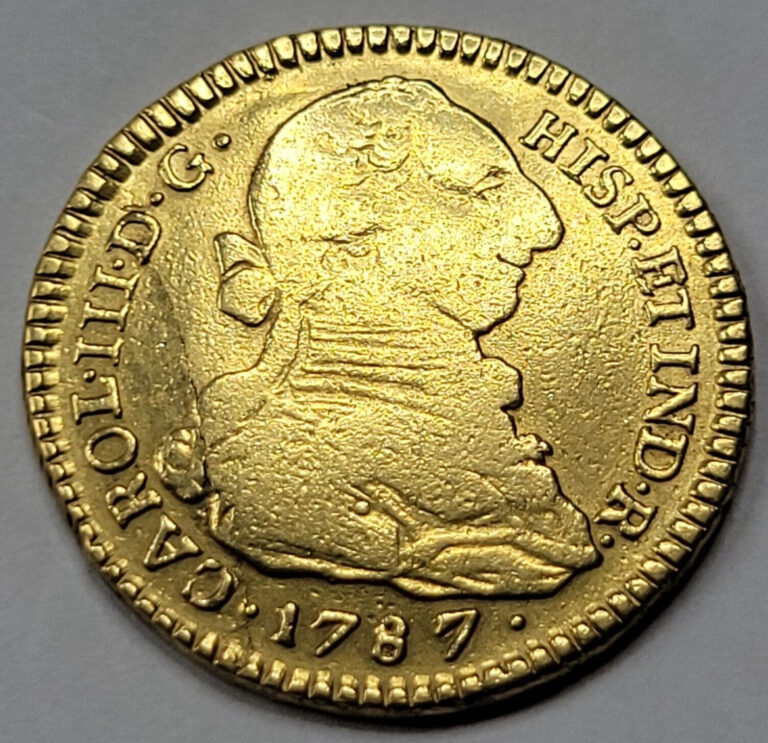 Read more about the article 1787 GOLD 2 Escudos Popayan Colombia Scarce Mint VF Cleaned Lam Peel Error *C824