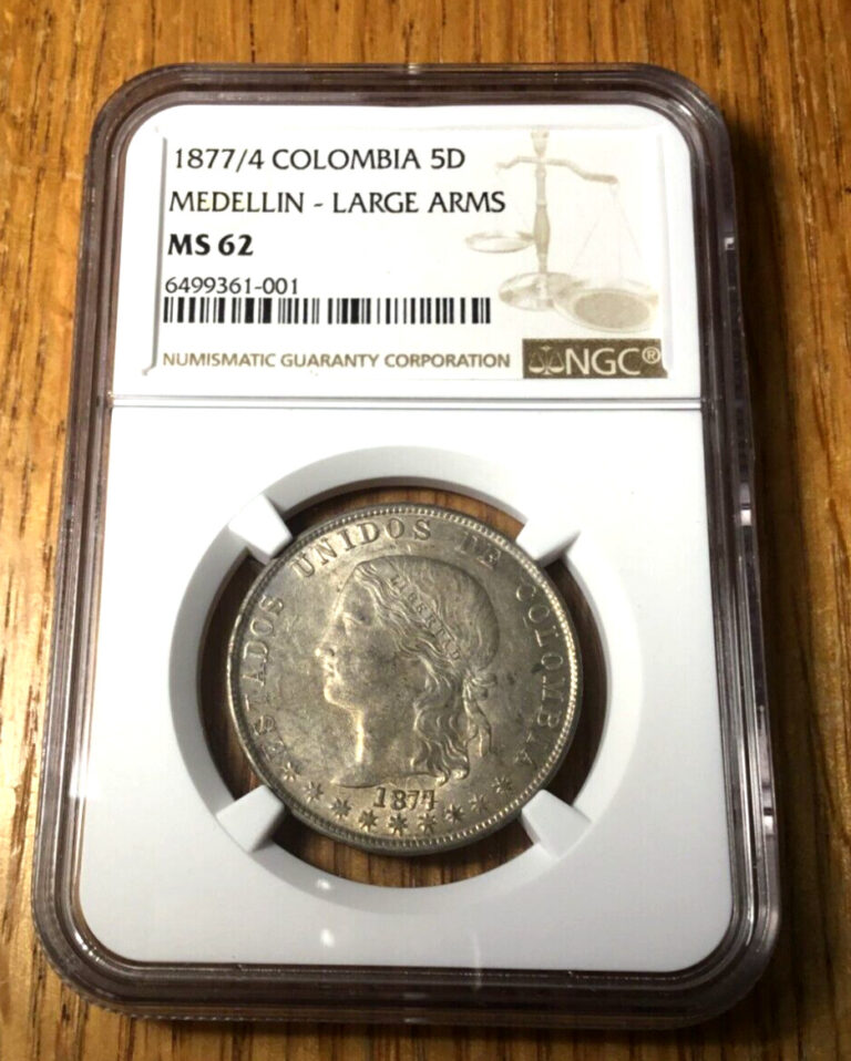 Read more about the article 1877 1877/4 Medellin Colombia 5 decimos KEY DATE silver reales NGC MS62 TOP POP