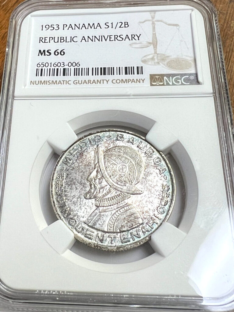 Read more about the article 1953 Panama 1/2 Balboa silver  KM#20  NGC MS-66  Colorful TONING!