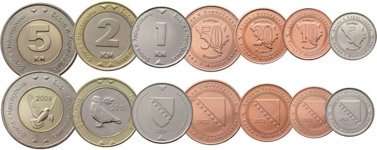 Read more about the article BOSNIA HERZEGOVINA 7 COINS SET 5 10 20 50 FENINGA 1 2 5 KM BIMETAL 2009 2021 UNC