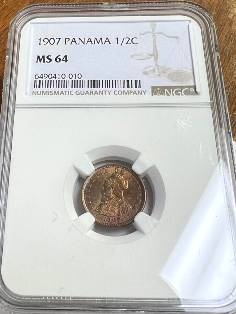 Read more about the article 1907 (P) Panama 1/2 Centesimo de Balboa  KM#6  NGC MS-64 with deep toning!