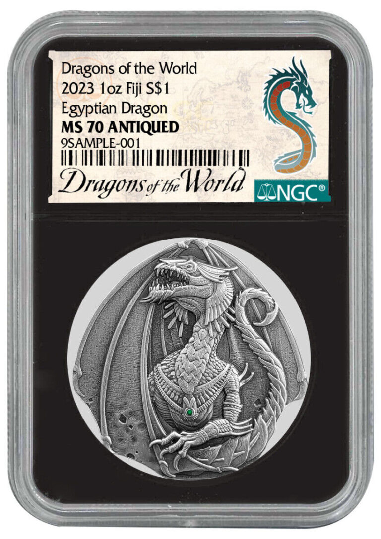 Read more about the article 2023 Fiji $1 1 oz Silver Egyptian Dragon NGC MS70 Antiqued