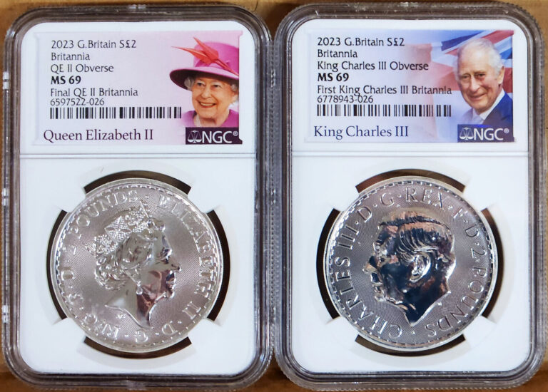 Read more about the article 2 coin set 2023 2 pound silver britannia QE II and KC III effigy ngc ms69 QEII