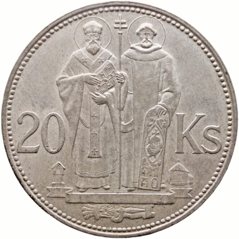 Read more about the article 1941 20 Korun Slovakia Coin Silver St. Cyril and St. Methodius (MO3674-)