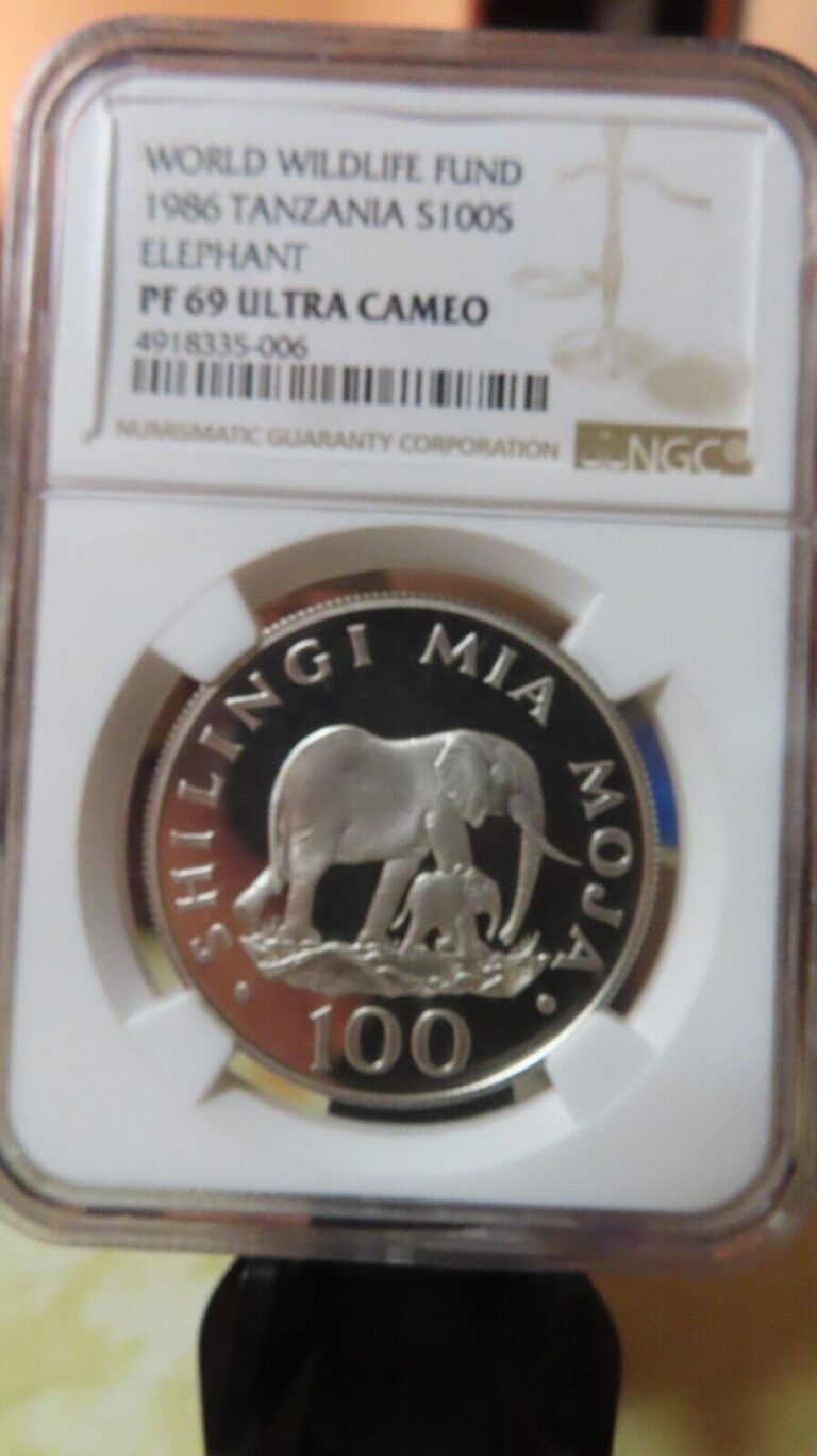 Read more about the article 1986 100 Shilling Tanzania  Wildlife Fund elephant Silver  Coin PCGS PR69