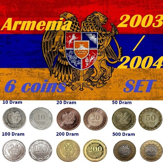 Read more about the article Armenia 6x coins set 2003 2004 UNC 10 20 50 100 200 500 Dram National coat arms