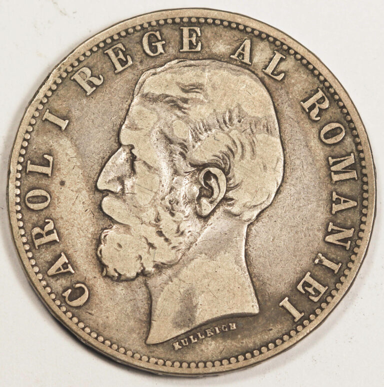 Read more about the article Romania 1883 B 5 Lei 25 Gram Silver Coin Fine/VF KM #12 King Carol I