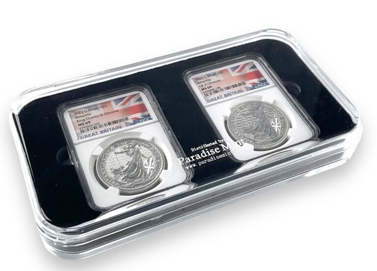 Read more about the article 2023 Silver Britannia King Queen 2 Coin Set NGC MS69 – Flag Label  – Black Case