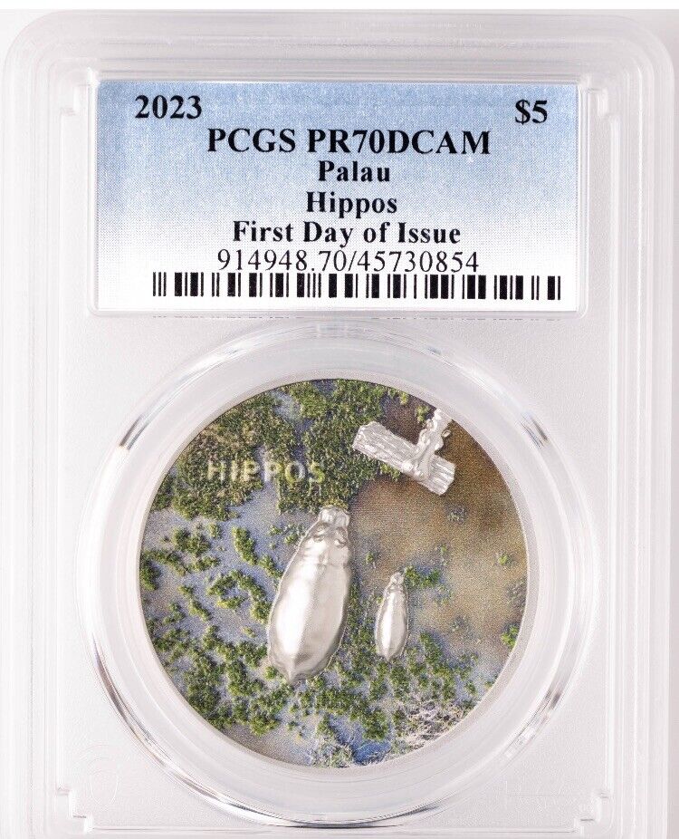 Read more about the article 2023 Palau 1 oz Silver $5 Split Views – Hippos First Day Issue – PCGS PR70DCAM